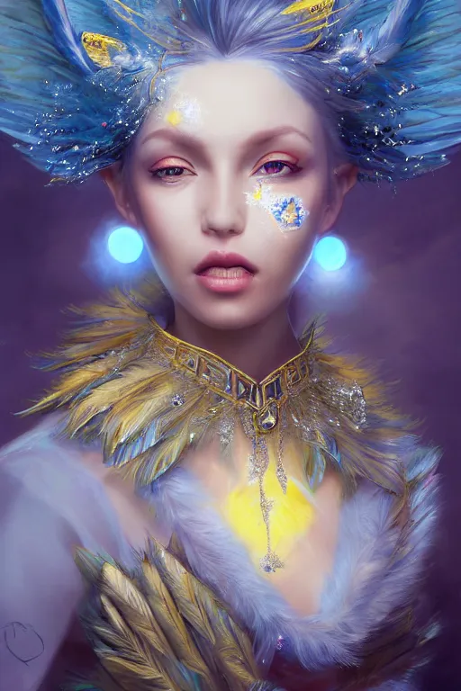 Prompt: beautiful princess with face covered with blue diamond crystals jewels wearing frost feathers, diamonds, angel, fantasy, yellow background beam, dramatic lighting, highly detailed, digital painting, magic the gathering, 3 d render, hyper realistic detailed portrait, peter mohrbacher, wlop, ruan jia