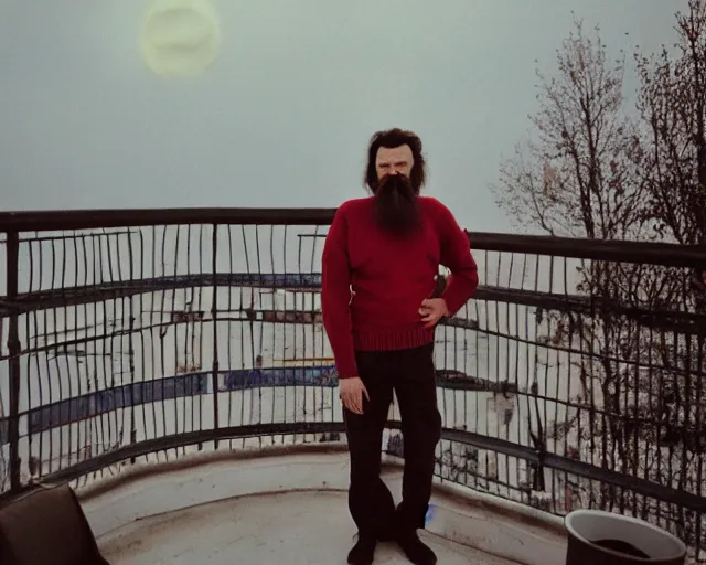 Prompt: lomographic photo of 4 0 years russian man with beard and sweater standing on small hrushevka 9 th floor balcony in taigaд looking at sunset, perfect faces, cinestill, bokeh