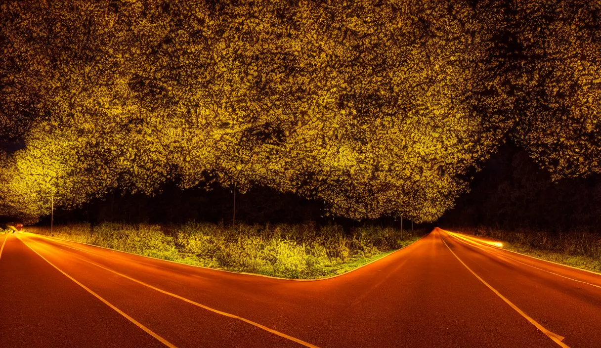 Prompt: at night, a large road extends into the distance, the leaves on both sides of the road are yellowed by the street lights, tranquility, film texture, super fine, 8 k