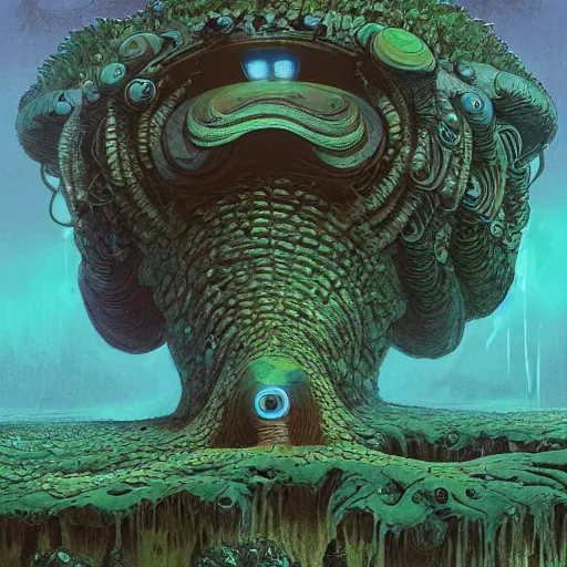 Image similar to highly detailed illustration of a nausicaa alien cephalopod in a world overgrown with fungus and spores, diffuse lighting, fog, stunning atmosphere, religious imagery, huge gargantuan black sun, muted colors, by roger dean, kilian eng. mœbius