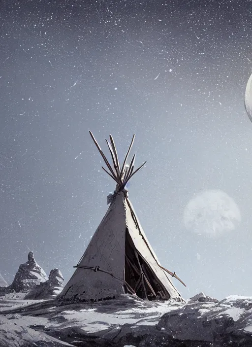 Image similar to an abandoned teepee on the top of a snowy mountain, waxing moon, greg rutkowski, 8 k, shallow depth of field, intricate detail, concept art,