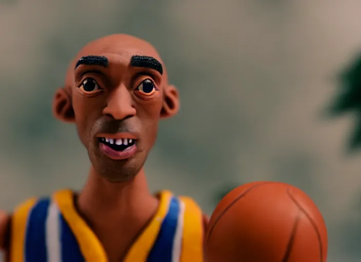 Prompt: cinematic screenshot portrait of a stop motion claymation film about a wacky adventure starring kobe bryant, shallow depth of field, 1 8 mm, f 1. 8