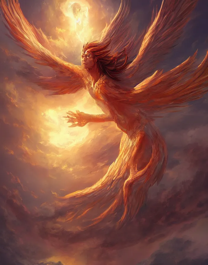 Image similar to a gigantic phoenix god ascending to heaven, godly, fantasy, light, bright, artstation, digital art,