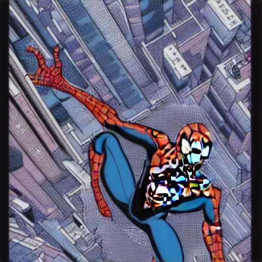 Image similar to illustration of spider man flying over the city, cartoon style Into the Spider-Verse, halftone, high detailed, wide epic angle W 1280