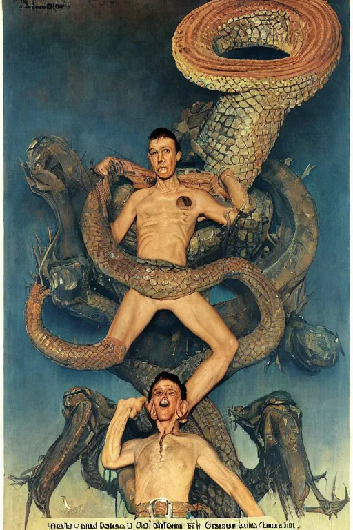 Image similar to giant serpent with human head, norman rockwell, jacob collins, tom lovell, frank schoonover, james gurney