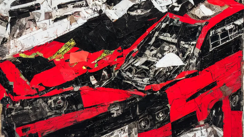 Prompt: lowrider crash test, collage paper and tape, black and red oil, acrylic on canvas, hyperrealism mixed with expressionism, high resolution, cinematic, unreal 6 breathtaking detailed, by blake neubert, by matt sesow