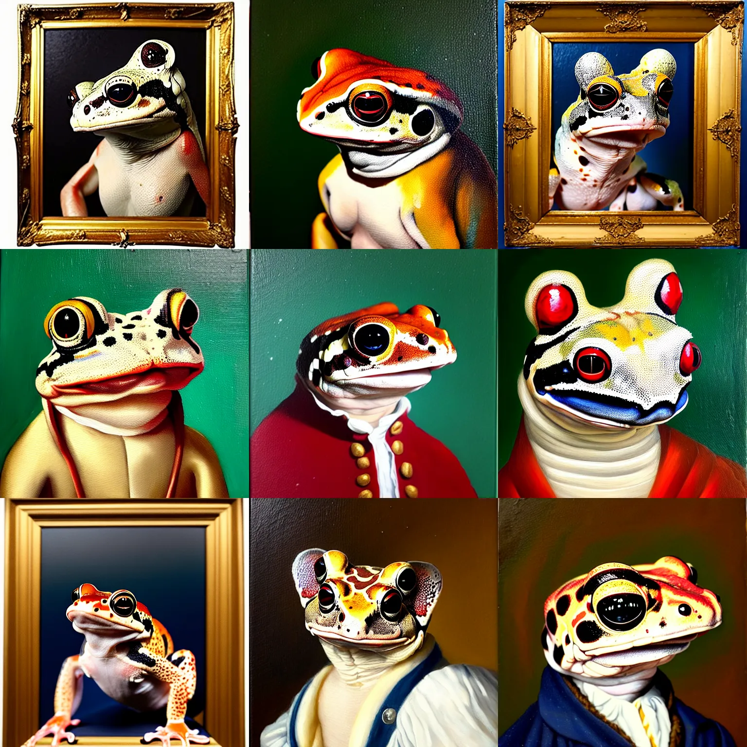 Prompt: a head and shoulders portrait painting of an anthropomorphic!!!!!!!!!! amazon milk frog!!!!!!!!!! wearing a colonial outfit without a hat looking off camera, a character portrait, romanticism, oil on canvas, visible brushstrokes, intense color, soft lighting
