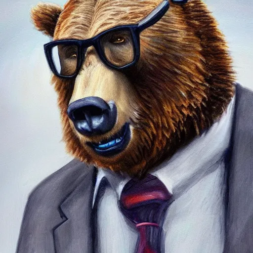 Prompt: a candid portrait of a grizzly bear with glasses, wearing a suit, highly detailed, portrait painting, fairytale, fantasy, illustration by scott gustafson and art station