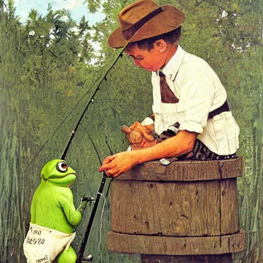 Prompt: pepe the frog fishing by norman rockwell