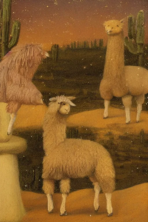 Image similar to detailed renaissance oil painting of an alpaca shaped building standing in the desert of pastel feathers lit by small fireflies at night