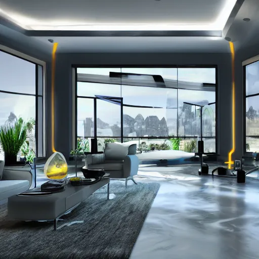 Image similar to futuristic interior home design, home interior filled with technology and gadgets, photorealistic, ultra - detailed, 4 k high resolution, hdr shot, unreal engine rendering