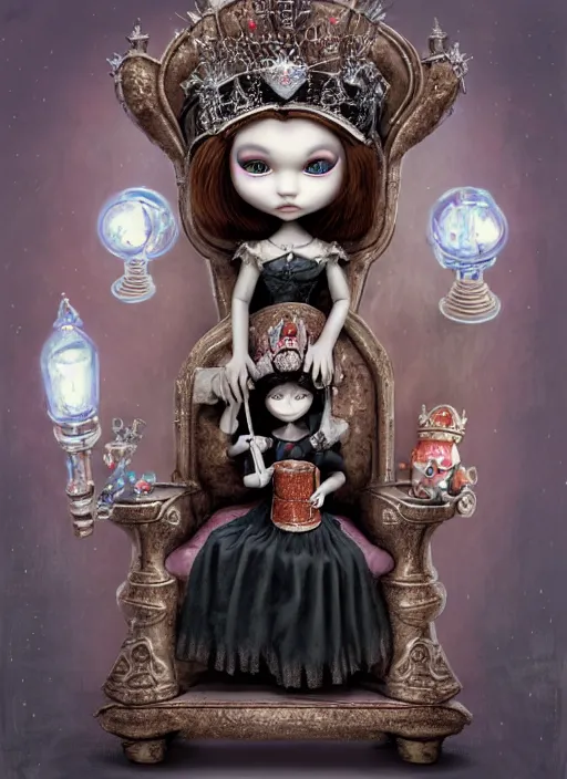 Image similar to highly detailed closeup portrait of a gothic nurse princess wearing a crown and sitting on an ice throne surrounded by cute tin toy retro robots, nicoletta ceccoli, mark ryden, lostfish, earl nore, hyung tae, frank frazetta, global illumination, god rays, detailed and intricate environment