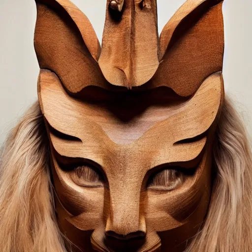 Image similar to a portrait of a beautiful persian male wearing a kitsune mask carved in wood by iris van herpen,