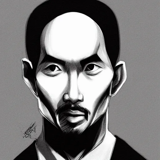 Image similar to black and white pencil portrait of a ho chi minh, vampire wizard, dark asian city street background, trending artstation, relaxed expression, dark lighting, high detail