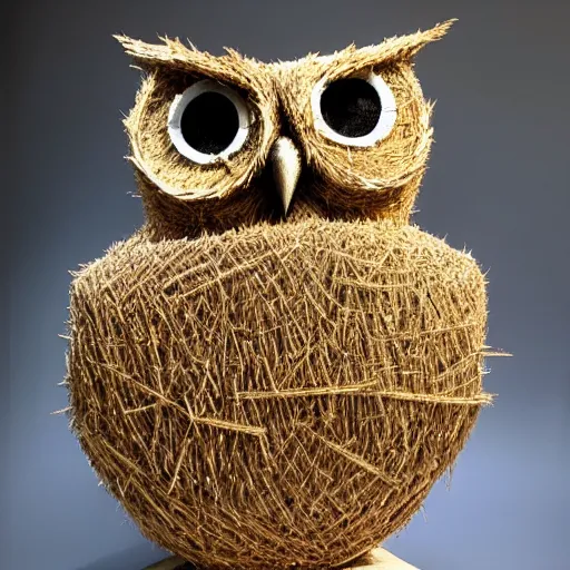 Prompt: symmetrical detailed sculpture of an owl, made of straw