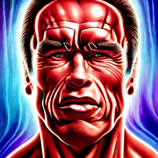 Image similar to I've discovered life, arnold schwarzenegger, ecstatic, infinite power, manic, perfect eyes, full body shot, chemical structures, atoms, molecules, portrait, energized face, noble, transformation, vivid colors, elegant, concept art, sharp focus, digital art, Hyper-realistic, 4K, Unreal Engine, Highly Detailed, HD, Dramatic Lighting by Brom, trending on Artstation