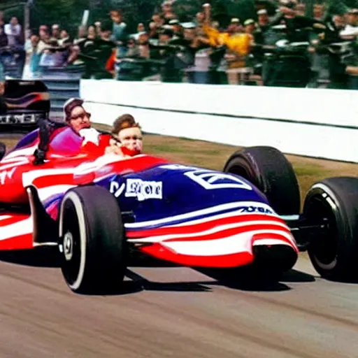 Image similar to a photo of queen elizabeth driving a formula 1 car, photorealistic