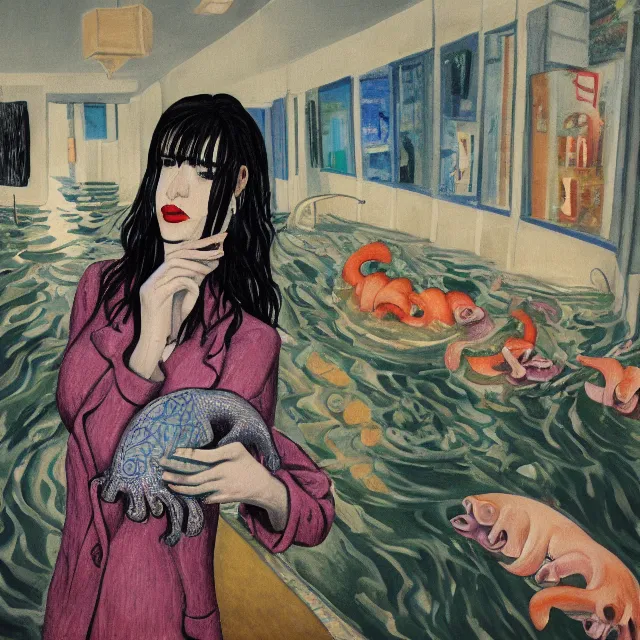 Prompt: tall female emo artist holding an octopus in a flooded starbucks, bagels, pigs, water gushing from ceiling, painting of flood waters inside a cafe, a river flooding indoors, pomegranates, pigs, ikebana, water, octopus, river, rapids, waterfall, black swans, zen, canoe, berries, acrylic on canvas, surrealist, by magritte and monet