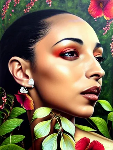 Image similar to portrait of sade with a floral background : : painted by artgerm, karol bak, artur bordalo, sandra chevrier : : portrait, character, illustration, hyperrealism, photorealism