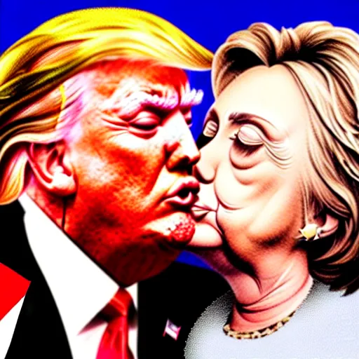 Prompt: realistic portrait of Donald trump kissing Hillary Clinton, hyperrealistic