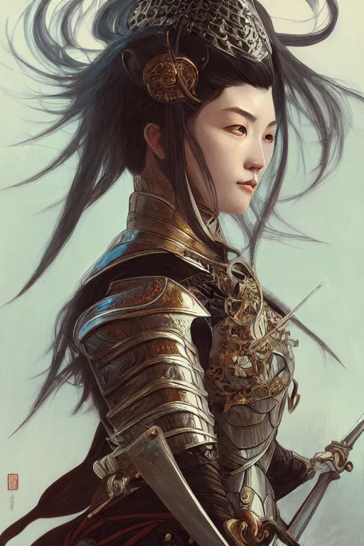 Prompt: Portrait of a female knight, japanese face features, dark fantasy, intricate, elegant, highly detailed, digital painting, artstation, concept art, smooth, sharp focus, illustration, art by Sam Youn and Fernanda Suarez and Artem Demura and alphonse mucha