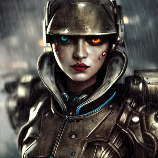 Image similar to An epic fantastic realism comic book style portrait painting of a female cyber warrior by NIXEU trending on arstation, dieselpunk shinny armor, cyberpunk feel raining at tokyo rooftop, Concept world Art, unreal 5, DAZ, hyperrealistic, octane render, cosplay, RPG portrait, dramatic lighting, rom lights