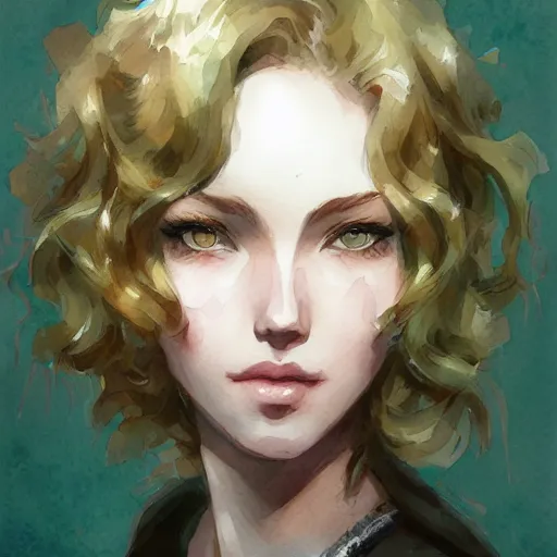 Prompt: short curly blonde haired girl, green eyes, artstation, watercolor, highly detailed, portrait, by krenz cushart