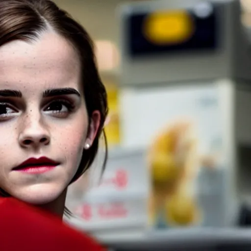 Image similar to emma watson as a mcdonald ’ s cashier, portrait, close up, shallow depth of field, award winning,