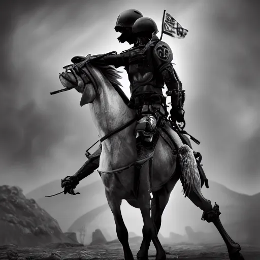 Image similar to death as a humanoid, holding a black flag with a white rose on the flag, riding a horse, rugged, black tactical gear, black and white, noir, futuristic, octane render, cinematic