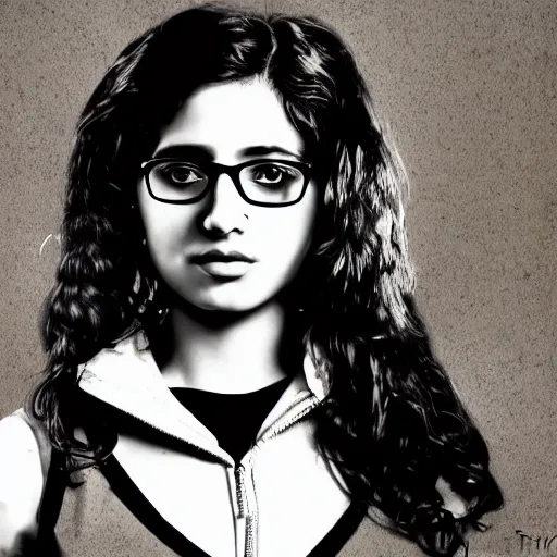 Prompt: a nerdy young woman from hyderabad with big glasses, head and shoulders character portrait, ink, mixed media, srgb, highly detailed illustration by tim bradstreet