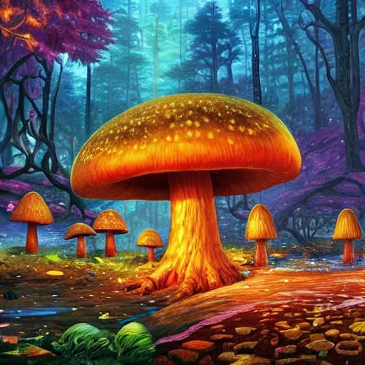 Image similar to mushroom village located deep in a forest, bioluminescent, art by james christensen, rob gonsalves, paul lehr, leonid afremov and tim white