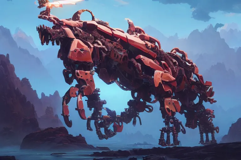 Image similar to grimhorn fanghorn machine mecha animal beast robot of horizon forbidden west horizon zero dawn bioluminiscence, behance hd by jesper ejsing, by rhads, makoto shinkai and lois van baarle, ilya kuvshinov, rossdraws global illumination