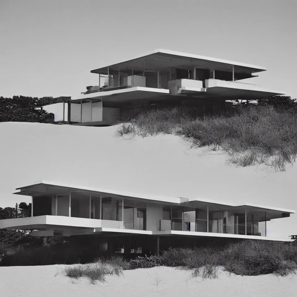 Image similar to architecture ad for a mid-century modern house on the beach, designed by Miles van der rohe. Film grain, cinematic, blue hue