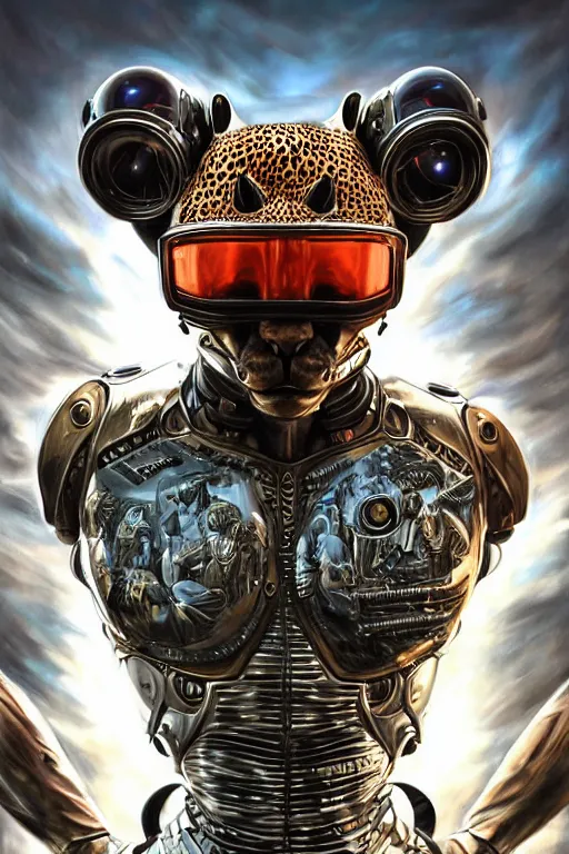 Image similar to a portrait of a muscular anthropomorphic cyberpunk cheetah in spacesuit armor with ensignia on chest plate by sandra chevrier, by jon foster, detailed render, post - processing, extremely hyperdetailed, intricate, epic composition, cybernetics, 4 k realistic, cryengine, realistic shaded lighting, sharp focus, masterpiece, by enki bilal