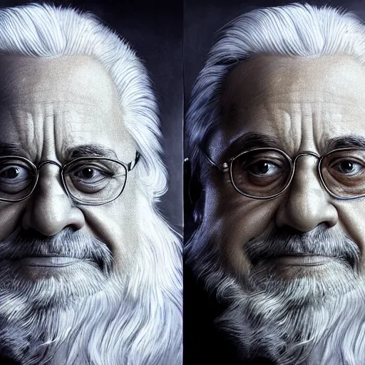 Image similar to hyperrealistic mixed media high resolution painting of Danny DeVito as Gandolf the White, stunning 3d render inspired art by István Sándorfi and Greg Rutkowski and Unreal Engine, perfect symmetry, dim volumetric lighting, 8k octane beautifully detailed render, post-processing, extremely hyper-detailed, intricate, epic composition, highly detailed attributes, highly detailed atmosphere, cinematic lighting, masterpiece, trending on artstation, very very detailed, masterpiece, stunning, flawless structure, lifelike texture, perfection,