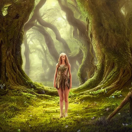 Image similar to Portrait of Taylor Swift as a dryad, characteristic sparkling green eyes, looking straight to the camera, illuminated for rays of light, behind her is an ancient forest full of life, by Annie Leibovitz, Ellie Victoria Gale and Steve McCurry, matte painting, oil painting, naturalism, 4k, 8k