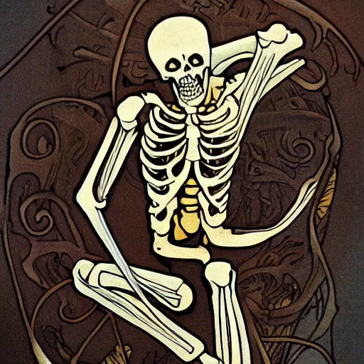 Prompt: a giant skeleton laughing, art nouveau, beautiful, detailed