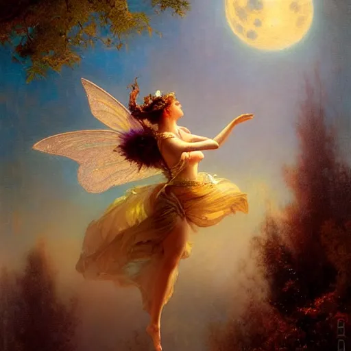 Image similar to attractive fairy magically floating high in the night, fantasy, full moon in background. highly detailed painting by gaston bussiere, craig mullins, j. c. leyendecker, mid shot, 8 k