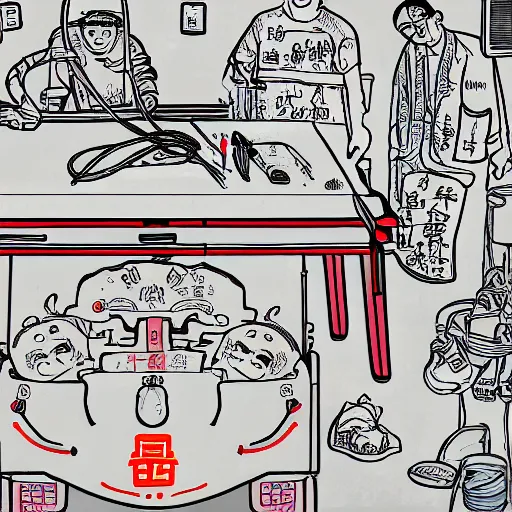 Image similar to chinese surgery operating table, in the style of daniel johnston and outsider art, 8k, line brush, overlaid with chinese adverts