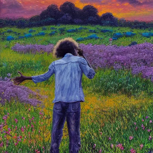 Image similar to an east african man with curly hair in a vast field of flowers, looking off into the sunset, relaxing, wide shot, golden hour, vintage, impressionist painting, fine art, oil painting, dreamy, pastel, laughing, happy, intricate details, sharp, peaceful, serene