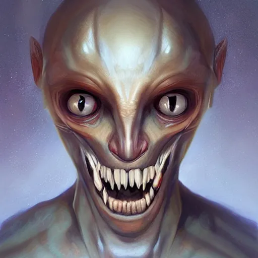 Prompt: portrait of a humanoid alien, sharp teeth, big eyes, by mandy jurgens