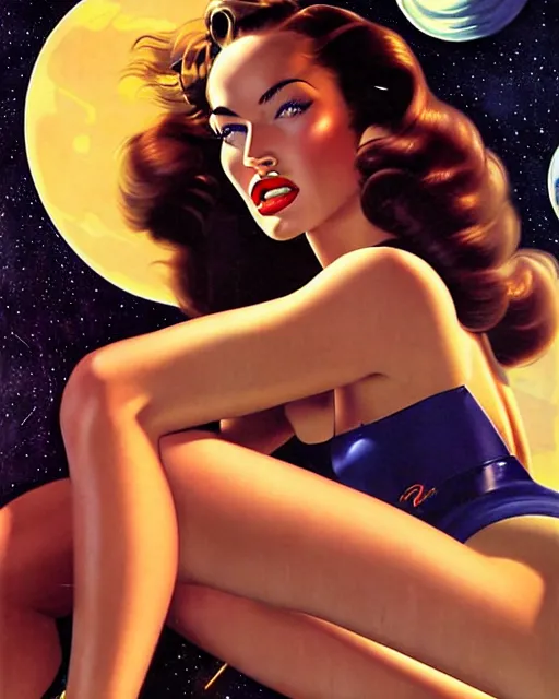 Image similar to closeup beautiful retro space megan fox varga girl, posing on a chrome space ship in diesel punk city, windblown dark hair, retro pinup model, seductive, 1 9 4 0, hyper detailed, digital art, smooth, sharp focus, gil elvgren,