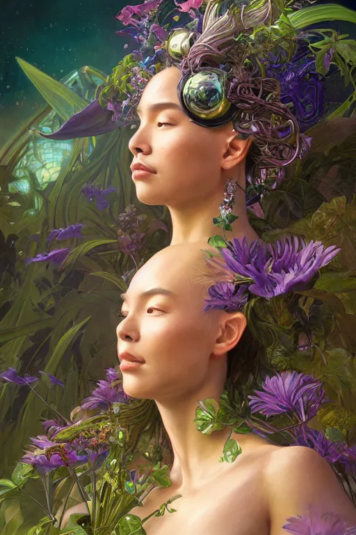 Prompt: portrait of Celestial Hawaiian Goddess as a futuristic princess, inside future fighter, sci-fi, fantasy, intricate, lush garden spaceship, elegant, human anatomy, royal green and nature light, highly detailed, digital painting, artstation, concept art, smooth, sharp focus, illustration, art by tian zi and WLOP and alphonse mucha