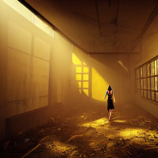 Image similar to woman holding a flashlight running through the interior of an abandoned restaurant, blue and yellow theme, with no windows, tables and chairs, cinematic lighting, night, terrifying, scp 3008, landscape, fog, artstation