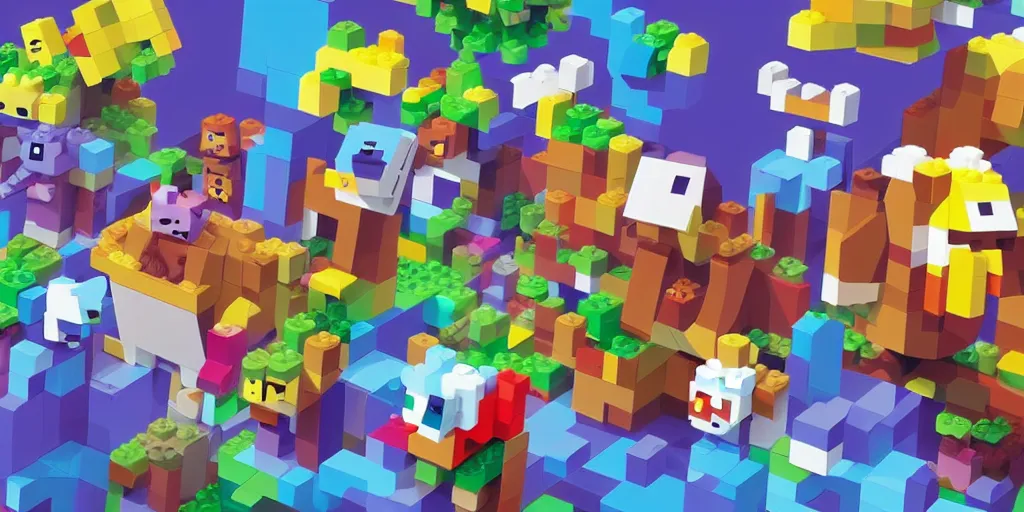 Image similar to small creatures made of a single brick, four legged, quadrupedal, cute looking, kawaii, sharp focus, character sheet, game concept art, blocky, lego mixels, japanese, flat toon style like katamari damacy inspired, pokemon inspired, blocky like minecraft