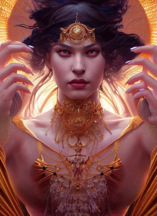 Image similar to strong and powerful goddess dancer of the underworld, shiny, intricate, elegant, highly detailed, ultra definition, digital painting, artstation, vray, concept art, smooth, high speed photography, illustration, art by artgerm and greg rutkowski and alphonse mucha and james jean