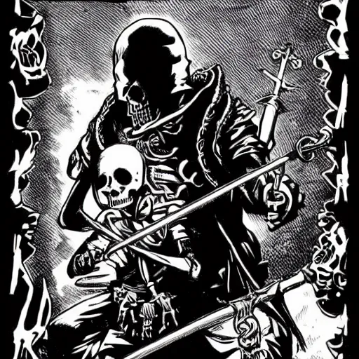 Image similar to A skull with a sword through it. Centered, Dark Fantasy, Film Noir, Black and White. High Contrast, Mike Mignola, D&D, OSR