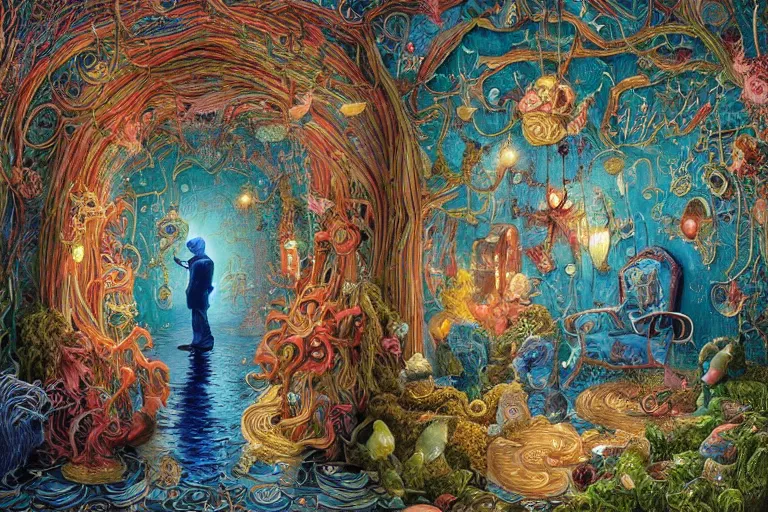 Prompt: state of emergency Joe Biden doesn’t know where he is , pastiche by Raqib Shaw and Daniel Merriam and Alejandro Burdisio and Alexander Jansson and Dan Mumford and Naoto Hattori and Nick Sullo and Xsullo, mysterious and lucid, glowing gamboge blue teal red green colors in the walls of portal, vibrant glowing gamboge blue teal red green colors neon clouds, insanely detailed and intricate, octane render, volumetric lighting, high contrast, ultraviolet and neon colors, trending on Artstation, 4K