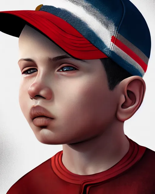 Image similar to a young boy wearing a horizontal striped shirt and a red baseball cap, smooth, intricate, elegant, digital painting, artstation, concept art, sharp focus, octane render, illustration, art by ayami kojima, apex legends character,