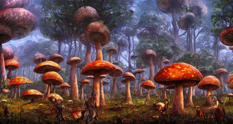 Prompt: A tribal village in a forest of giant mushrooms, by Android jones,